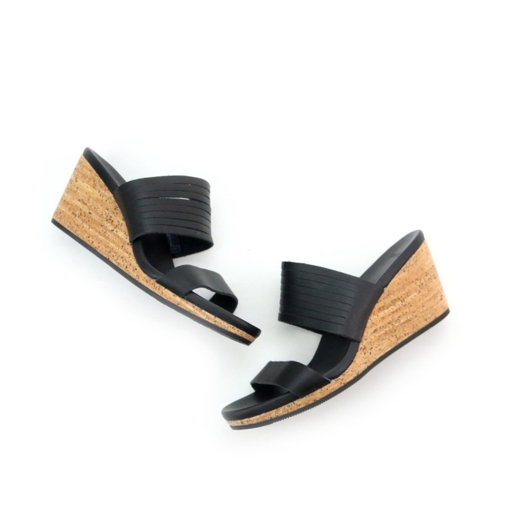 Teva Black Leather‎ Cork Wedge Slide Sandals Women's Size 9.5 Comfort